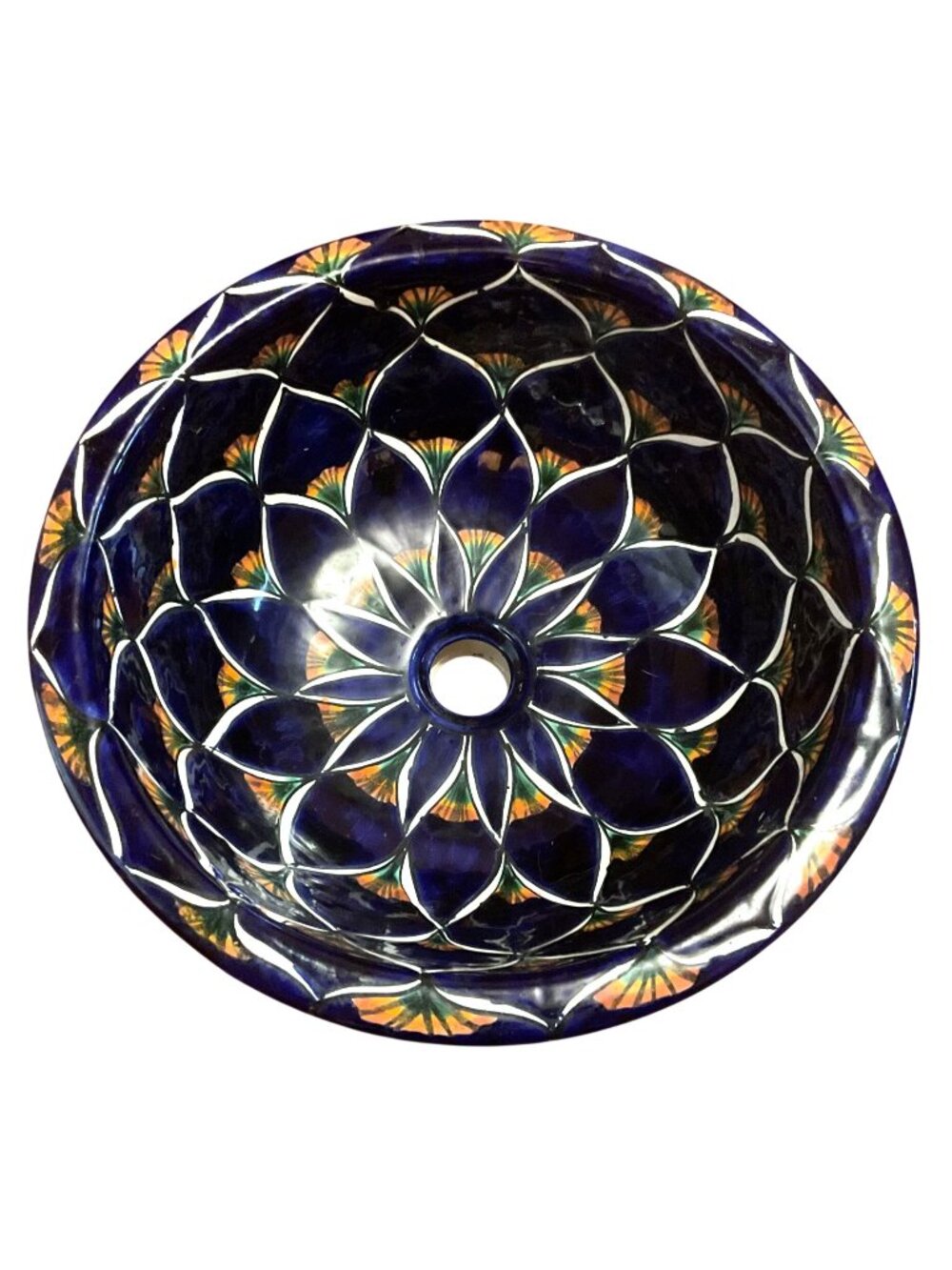 Talavera Hand-Painted Ceramic Sink Floral Pattern Blue White Made in Mexico